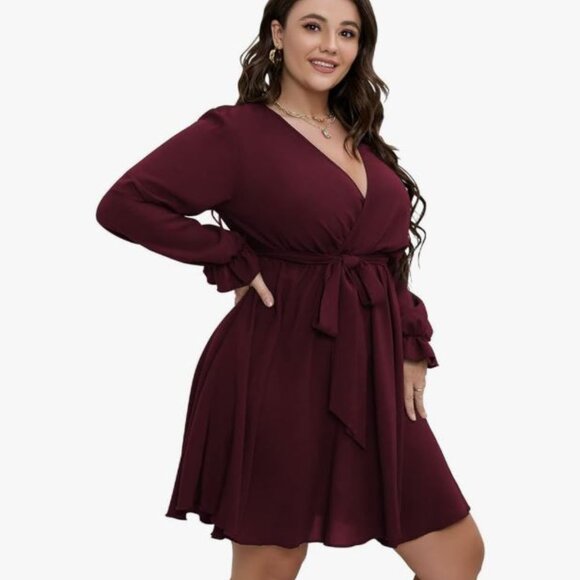 Women's Plus Size 3XL Long Sleeve Wrap V Neck Tie Waist A Line Dress Burgundy - Picture 6 of 11